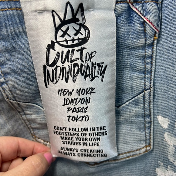 Cult of Individuality Men's Rocker Slim Fit Jeans Blue Paint Splatter Punk 34x33 - Picture 13 of 16